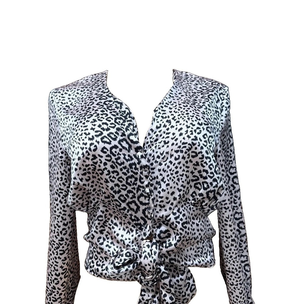 TOPSHOP Leopard Print Satin Long Sleeve V Neck Elastic Tie Waist Blouse Sz 2 US